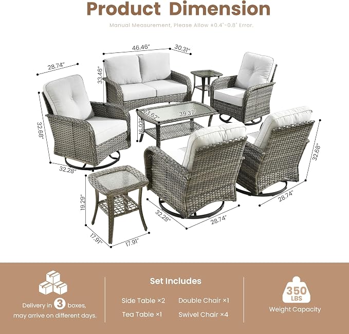 8 Piece Wicker Patio Furniture Set with Swivel Chairs, Light Gray | 4 Swivel Rocker Chairs, High Back Loveseat Sofa, Coffee Table, Rattan Outdoor Conversation Set, Porch Deck Backyard Poolside