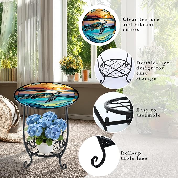 Cinnvoice Outdoor Side Table Round Small Mosaic Patio Accent Indoor End Plant Coffee Tea Table for Yard Patio Porch Garden Living Room, Bedroom(Turtle Style,12 Inch)