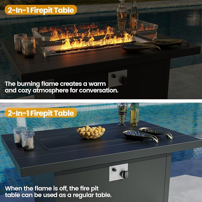 Aluminum Outdoor Patio Furniture Set,4 Pieces 5 Seats Patio Conversation Sets with 45" Propane Fire Pit Table,Metal Patio Sectional Furniture Set with Thick Cushion,Navy Blue