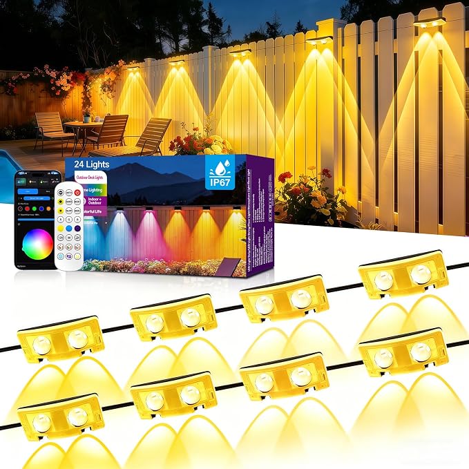 AHAWILL Fence Lights Outdoor 24 Packs,Smart RGB Fence Lighting with APP&Remote Control,IP67 Waterproof Fence Lights,DIY Scene Modes,LED Light for Fence,Patio,Yard,Garden(150ft)