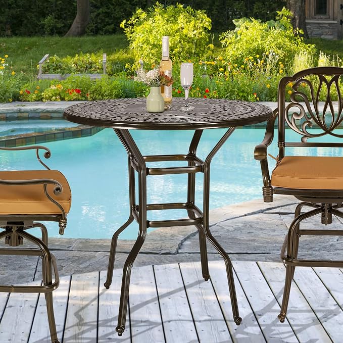 Cast Aluminum Patio Bar Table, 38.5" Outdoor Bar Height Bistro Table with 2" Umbrella Hole, Patio Bistro Round High Top Dining Table Pub Table for Porch Balcony Backyard, Dark Bronze