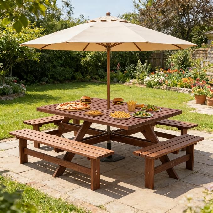 Wood Picnic Table Bench Set for 4-8 Person, Square Picnic Tables for Outdoor with Umbrella Hole and Benches, Outside Dining Table Patio Furniture Set for Garden, Backyard, Porch and Deck