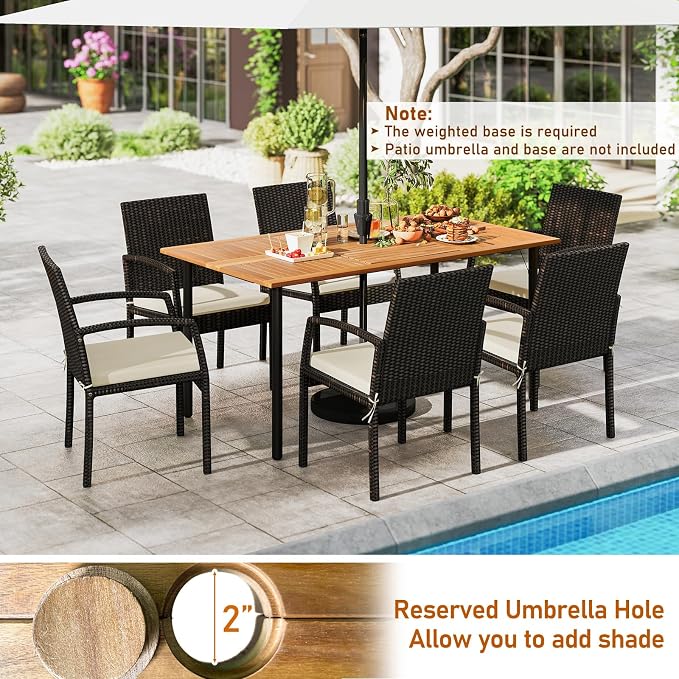 Tangkula 7 Pieces Outdoor Dining Set, Patio Acacia Wood Table and PE Rattan Chairs with Soft Cushions and 2” Umbrella Hole for Deck, Garden and Backyard