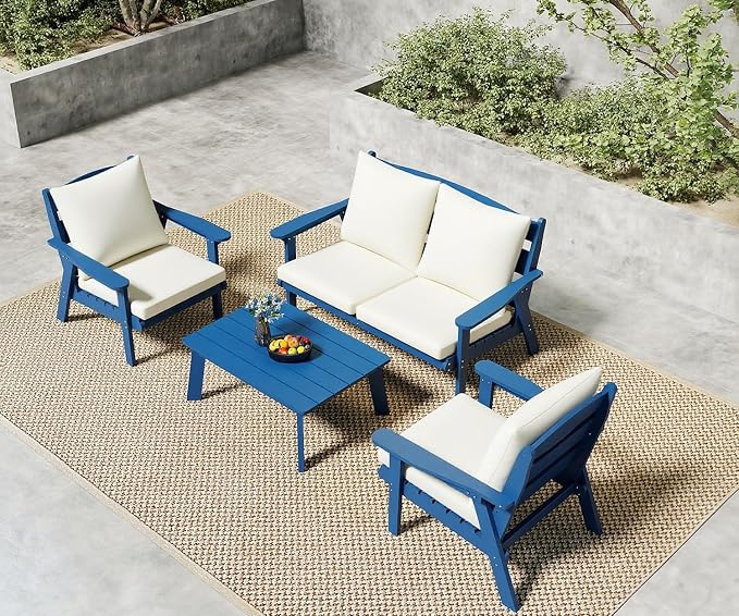 FOOWIN 4-Piece Patio Furniture Set, HDPE All-Weather Outdoor Conversation Set with Thick Cushions, Sectional Patio Sofa Furniture for Deck, Porch, Lawn, Garden, Navy Blue Frame & White Cushion