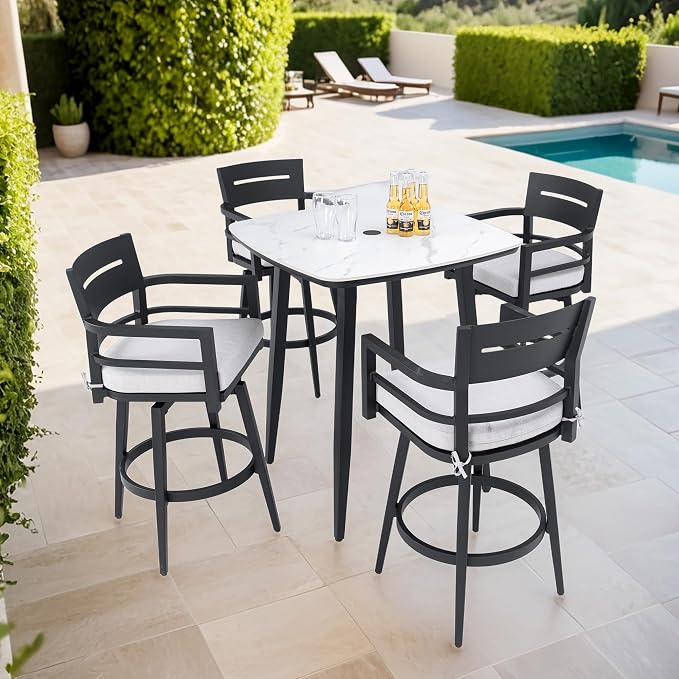 Modern 5-Piece Outdoor Patio Bar Table Set for 4, Small Square Marble Stone Table with 4 Weather-Resistant Swivel Bar Chairs, Aluminum Frame and Umbrella Hole, Sunbrella Cushion
