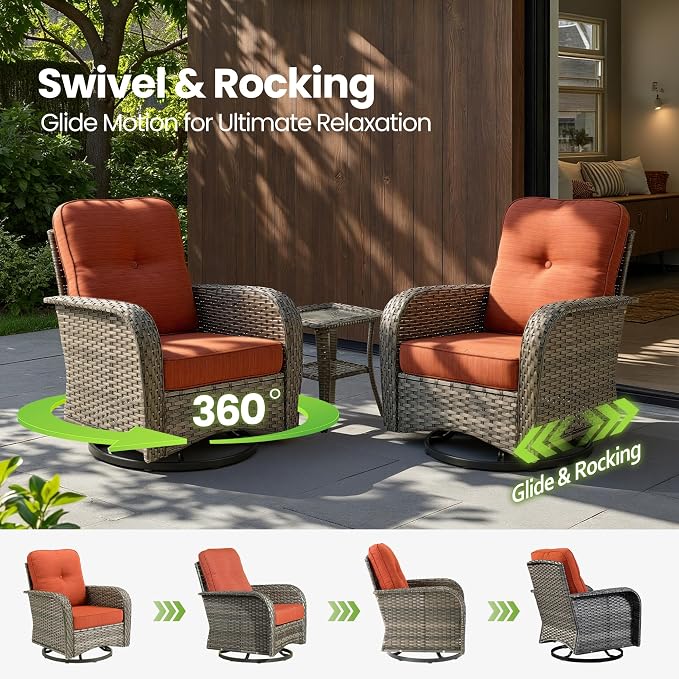 6 Piece Wicker Patio Furniture with Swivel Rocker Chair, Orange | High Back Swivel Rocker Chairs, Outdoor Sofa Ottoman, Heavy Duty, All Weather Rattan Modern Conversation Sets, Deck Backyard