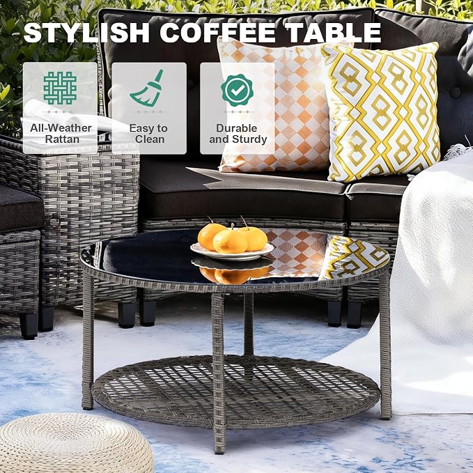 MEISSALIVVE 9-Piece Half-Moon Curved Outdoor Patio Furniture Set, Sectional Conversation Sofa with Wood Armrests, Coffee & Side Tables for Backyard Deck Garden, Black