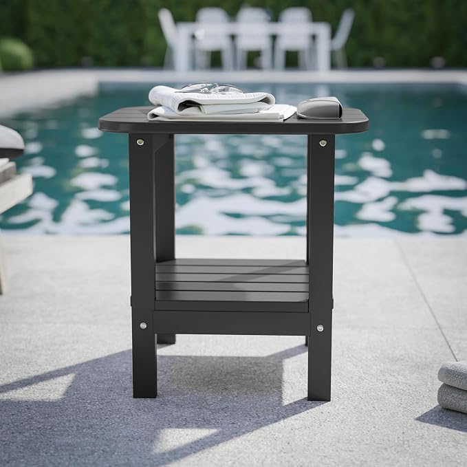 Flash Furniture Newport 2-Tier Adirondack Side Table - Recycled HDPE All-Weather Materials - Indoor/Outdoor - Black