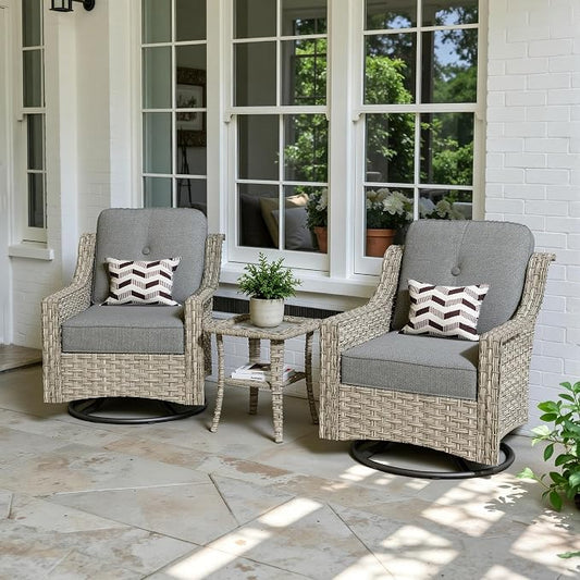 3 Piece Patio Furniture Set, Outdoor High Back Swivel Rocker Chairs Set of 2 with Side Table, All Weather Wicker Glider Chair with Thick Cushions for Backyard Balcony Porch, Dark Gray