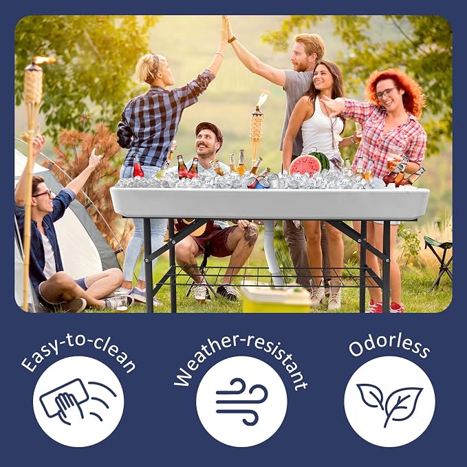 2-Tier Portable Folding Ice Cooler Table, White, with Storage Rack & Drain Hose, Ice Fill Chill Table for Drinks, Food, Camping, Beach, Backyard Parties, Weddings & Events