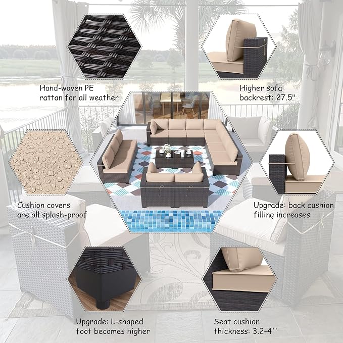 ALAULM 14 Pieces Patio Furniture Set Wicker Patio Conversation Set, Outdoor Sectional Furniture w/Coffee Table & Washable Seat Cushions-Sand