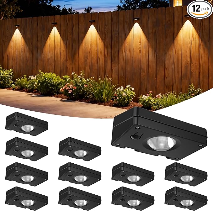 Solar Fence Lights Outdoor, 3 Color Temp, IP65 Waterproof | Cost-Effective Solar Lights for Patio Yard Railing, Easy Install (12 Pack）