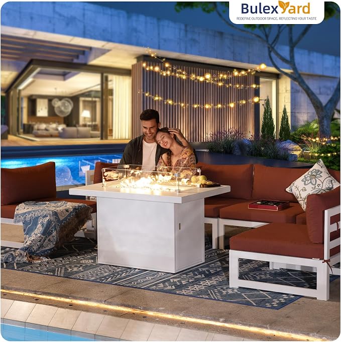 BULEXYARD 8 People Large Luxury Aluminum Patio Conversation Set with Fire Pit Table Propane/Gas, 29" Deep Wide U Shaped Sectional Couch, 500 lbs Heavy Duty All Weather Outdoor Sofa for Front Yard, Red