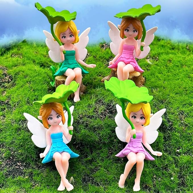 Miniature Fairy Figurines - 4Pcs Flower Small Fairies Ornaments Resin Mini Fairy Figurines Tiny Elf for DIY Fairy Garden Flower Pot Bonsai Micro Landscapes Craft Decoration Accessories (lotus leaf)