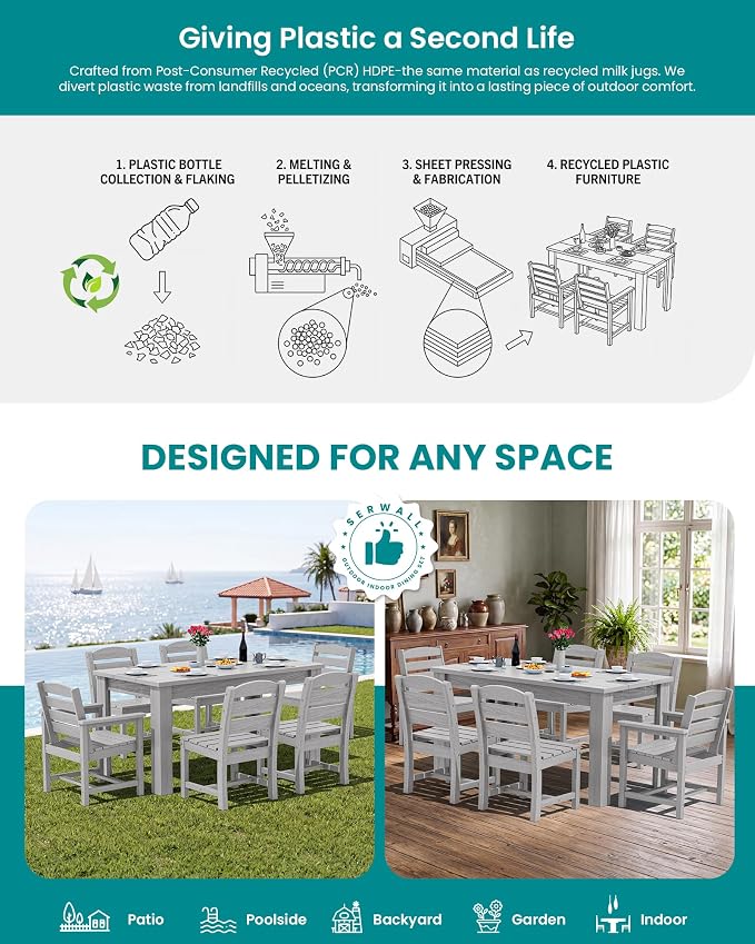 SERWALL 59" Outdoor Dining Set for 8, Light Gray | Include 2 Rectangular Tables and 8 Armrest Chairs, All Weather Dining Sets for Garden, Backyard