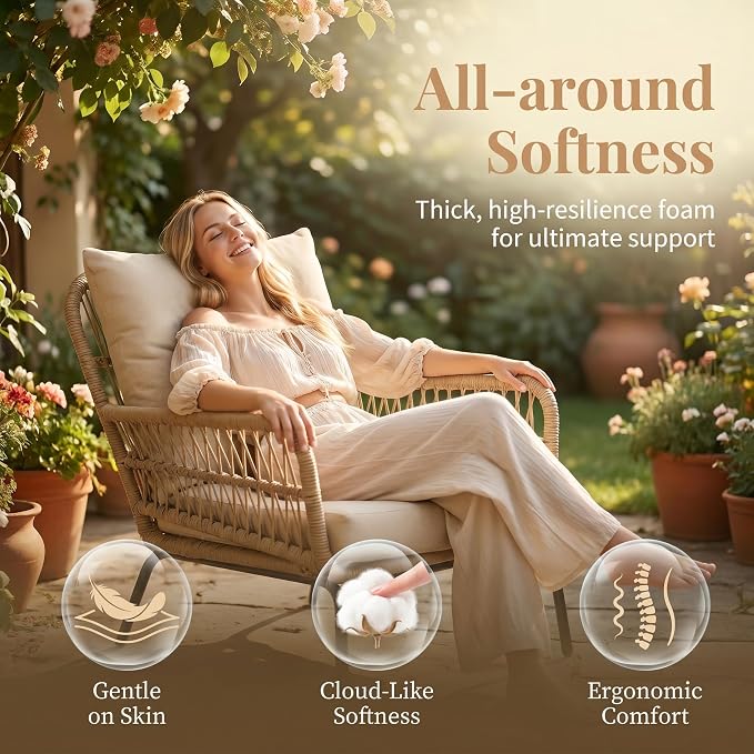 NICESOUL 3 Pieces Boho Small Outdoor Patio Chair Set with Thick Cushion and Glass Table, Rattan Wicker Chair, Bistro Set for Garden Balcony Deck Porch Backyard Apartment, Beige