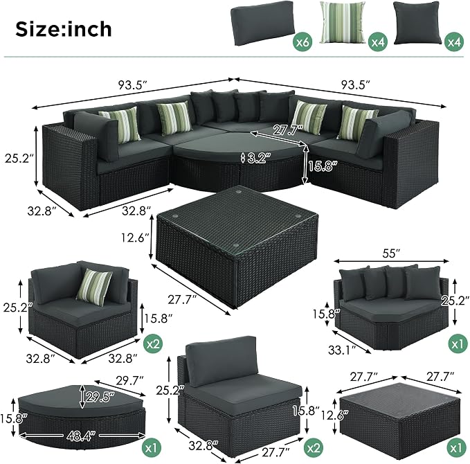 7 piece Outdoor Wicker Sofa Set, Outdoor Conversation Set for 6 People, All Weather Sectional Lounger Sofa with Coffee Table, Cushions & Pillows for Balcony Porch Backyard, Black+Gray