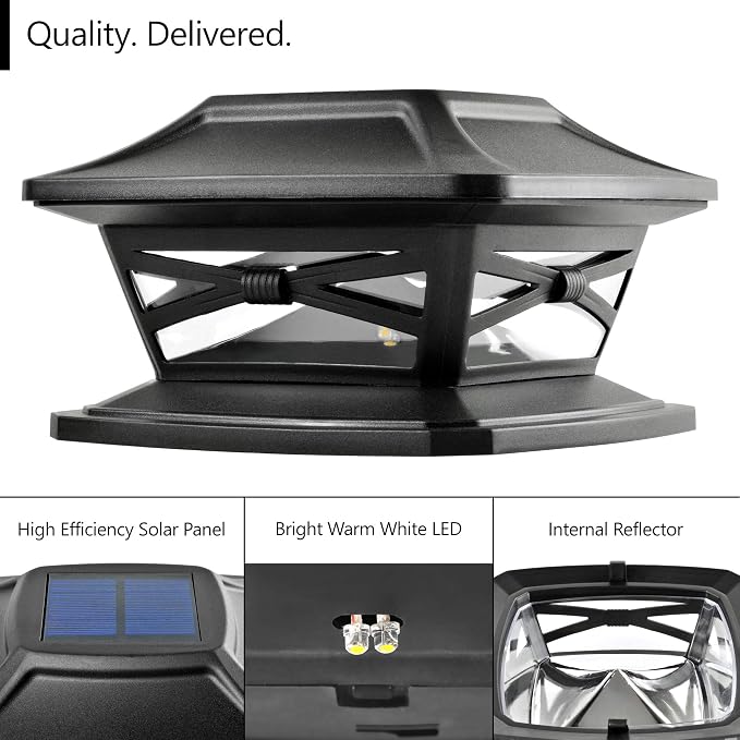 Davinci Flexfit Solar Outdoor Post Cap Lights, 4x4 5x5 6x6, Bright LED, 1PK | Slate Black, Wooden Posts, fence/deck/garden/patio, UV fade-protected plastic, auto-on, 7-8h, cordless, IP44, 25lm warm white