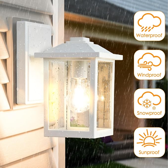MATAMEYE Outdoor Wall Light Fixture, Exterior Waterproof Porch Lighting | White Patio Wall Lantern, Anti-Rust, Clear Glass, E26 Socket, Wall Mount Sconce Lighting, Outside Front Door Light Entryway