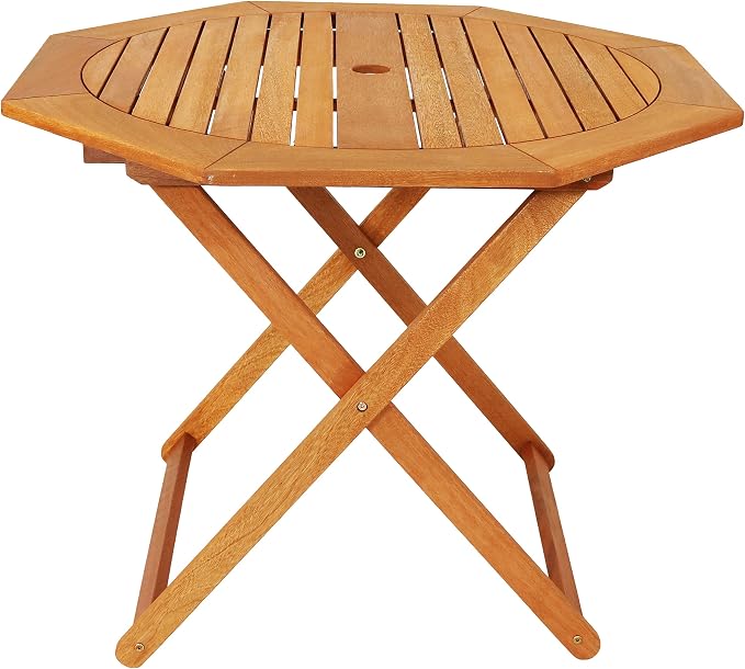 Sunnydaze Meranti Wood Folding Outdoor Table with Umbrella Hole - Foldable Patio Table for Dining & Gatherings - Teak Finish - Octagon