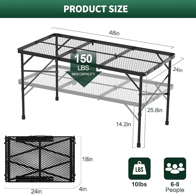 WildFinder Folding Gril Table, 4x2 FT Camping Table with Mesh Desktop,Height Adjustable Folding Grill Table with Mesh Bag,Portable Outdoor for Picnic,Camping,BBQ,Beach(Black)