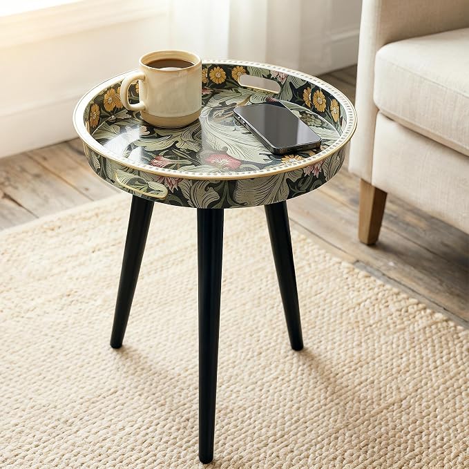 Small Round Side Table Vintage Floral - 13" William Morris Pattern - Botanical Tripod Drink Table & Nightstand with Moisture-Resistant Wrapped Legs for Living Room, Bedroom, Corner