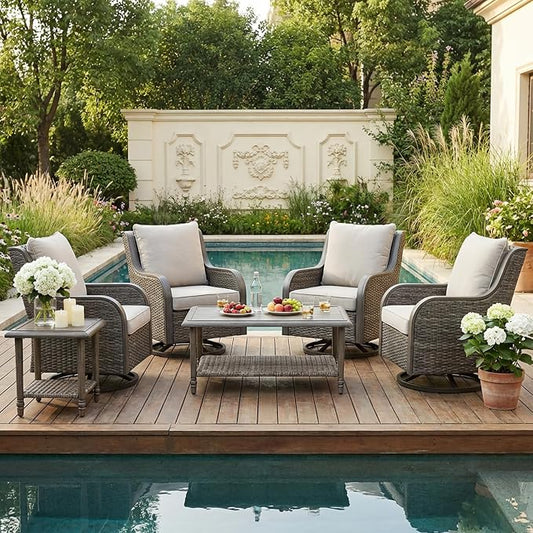 6-Piece Swivel Patio Furniture Set, 4 Outdoor Wicker Swivel Chairs with Coffee Table & Side Table, All-Weather Conversation Set for Porch Deck Backyard, Water-Resistant Cushions（6-PCS