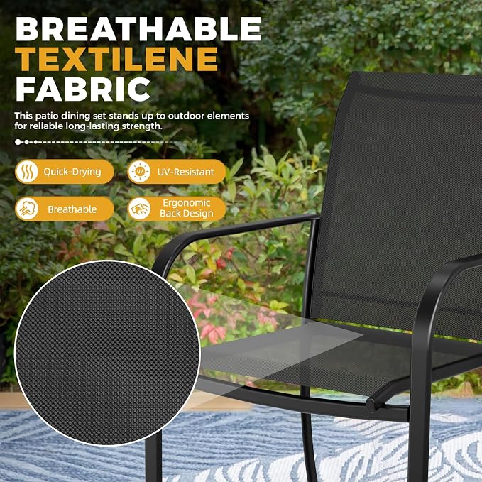 Incbruce 8 Pieces Patio Dining Set with Brown Umbrella, Outdoor Dining Set of 6 Textilene Chairs and Rectangle Table with Umbrella Hole for Backyard, Garden, and Poolside (Black)
