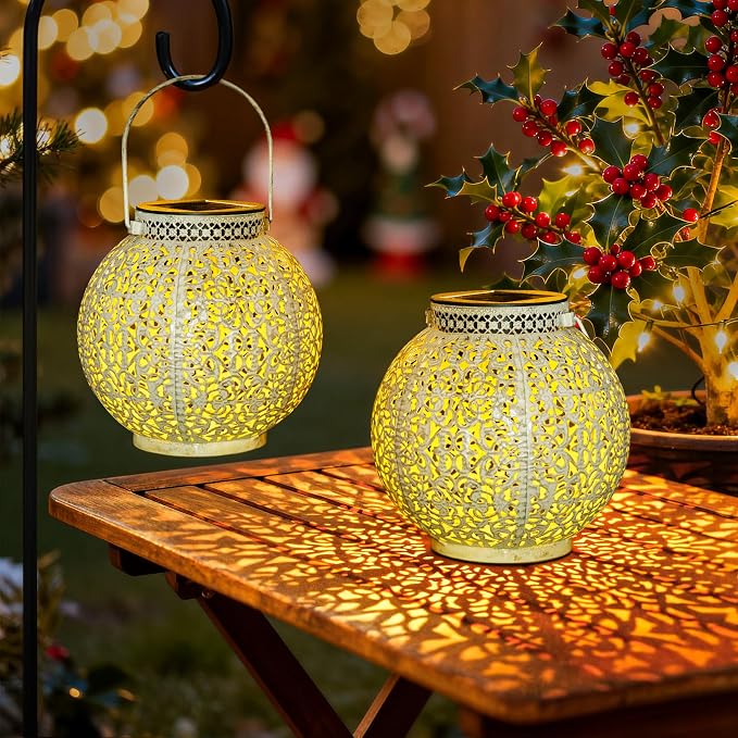 2 Packs White Solar Lanterns Outdoor Waterproof Garden Laterns Metal Retro Lights for Mothers Gifts Mom Wife Grandma Birthday Gifts (White Set of 2)