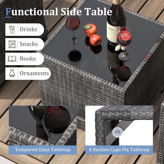 Patio Furniture Set, 3 Pcs Outdoor Wicker Conversation Set with Glass Coffee Table, Patio Chairs w/Washable Cushions, PE Rattan Outdoor Furniture Set for Porch Garden Backyard (Grey)