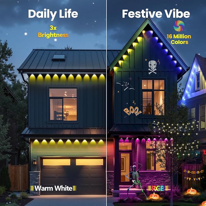 Permanent Outdoor Lights 150ft RGB+IC Eave Lights for House | IP67 Waterproof Smart LED Outdoor Lights with 16M Colors, App/Remote Control for Daily, Christmas, Halloween, Party