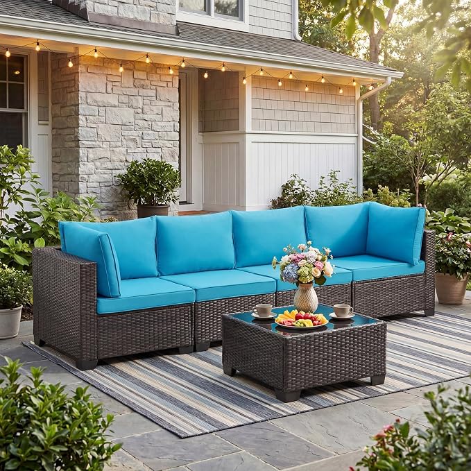 ANJ 5 Piece Outdoor Wicker Patio Furniture Set, Modular Loveseat Sofa with with Glass Top Coffee Table, All-Weather Rattan Conversation Couch Set for Balcony, Backyard, Dark Brown Wicker-Turquoise