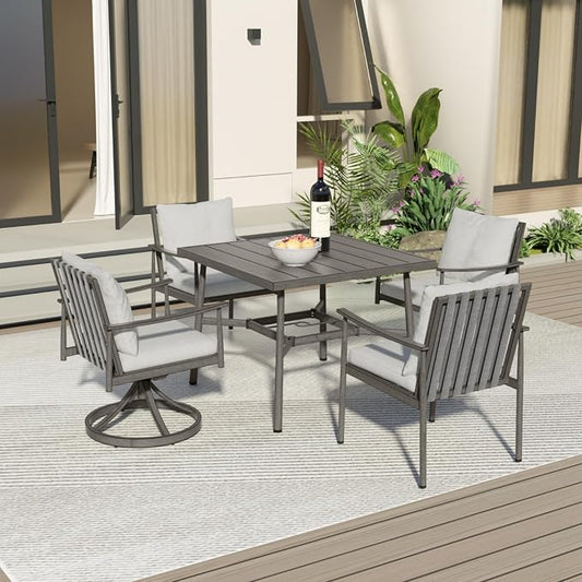 5-Piece Outdoor Dining Set - Aluminum Patio Dining Set with Rope Backrest,2 Swivel Rocking Chairs,2 Fixed Chairs and Square Table with Umbrella Hole,Removable Cushion for Lawn Porch Yard,Grey