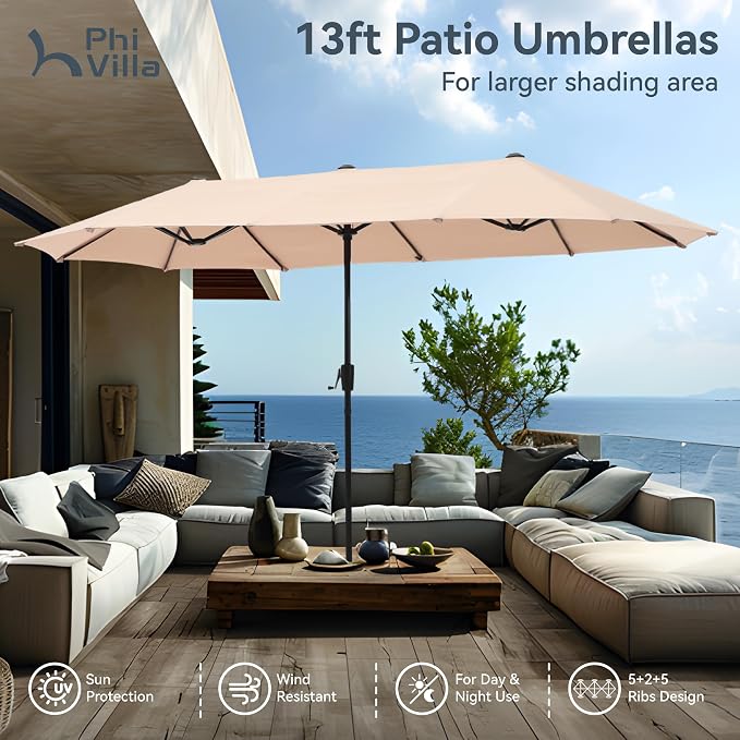 PHI VILLA Outdoor Dining Set for 6 with Beige Umbrella & Swivel Chairs | Padded textilene, High back & Ergonomic, Rectangular metal table, Weather-resistant, Patio backyard deck, No Umbrella Base