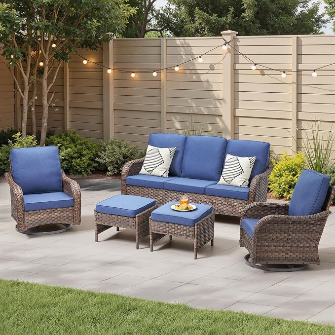5 PCS Patio Furniture Set, Outdoor Wicker Sofa & 2 Swivel Rocking Chairs with 2 Ottomans, 4-Inch Thick Olefin Cushions, 300 lbs Capacity Rattan Conversation Set for Porch, Backyard, Blue