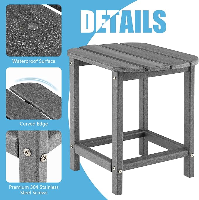 Giantex Side Table Outdoor Small Patio Table 18” Adirondack Table, Weather Resistant End Tables, Outside Square Tea Table for Patio, Backyard, Poolside, Garden, Balcony (2, Gray)