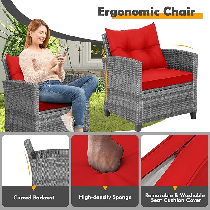 Patio Furniture Set, 3 Pcs Outdoor Wicker Conversation Set with Glass Coffee Table, Patio Chairs w/Washable Cushions, PE Rattan Outdoor Furniture Set for Porch Garden Backyard (Red)