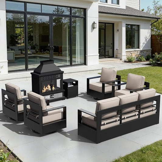 Outdoor Aluminum Furniture Set, 5-Piece Patio Conversation Set, 4 Swivel Chairs, 1 Sofa and 1 Fireplace, All-Weather Metal Frame, 6" Thick Removable Cushions, Deep Setting for Garden, Porch