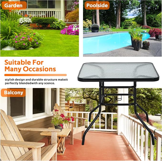Outdoor Patio Table with Umbrella Hole, 32 Inch Patio Dining Table All Weather Square Patio Table, Glass Patio Tables for Outside, Balcony, Backyard, Poolside(Square)
