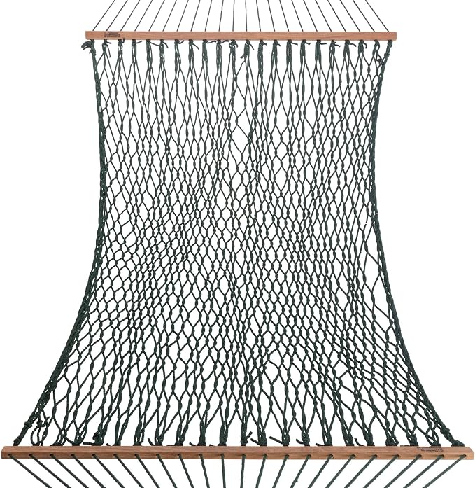 Hatteras Hammocks Large Green DuraCord Rope Hammock – 13 ft. x 55 in., 2-Person, 450 lb Capacity, Cumaru Spreader Bar, Zinc-Plated Hardware – Handcrafted in The USA