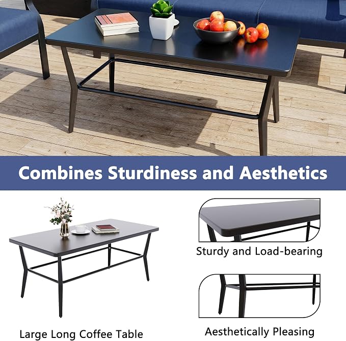 Kurapika Aluminum Patio Furniture Set 5-Seat Modern Outdoor Conversation Sets w/2 Ottomans with Rectangular Coffee Table, Navy Blue