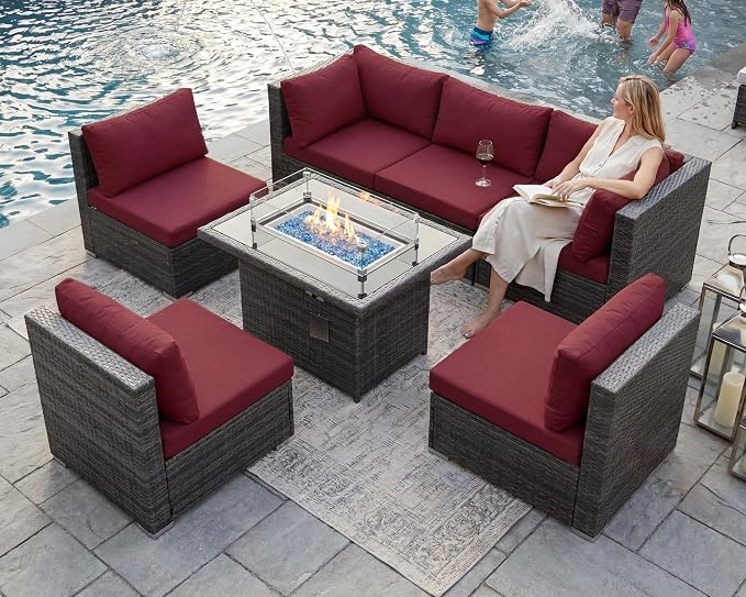 BULEXYARD 7 Piece High Back Outdoor Furniture Set with Fire Pit, Durable All Weather Wicker Patio Couch Sofa Set, Large Size Modular 6-Seater Sectional Backyard Seating Wide Deep for Lawn, Grey & Red