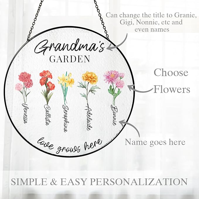 Personalized Grandma's Garden Window Hanging Suncatcher - Birth Month Flowers Garden Gift for Mom, Grandma - Mother's Day, Birthday Gift