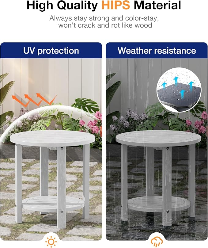 YEFU Outdoor Side Table for Patio: 16in HIPS Small Round Outdoor End Table - 2-Tier Adirondack Tables for Porch Patio Yard Poolside Living Room Beach Bedroom (White, 2 Pack)