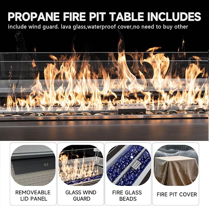 7-Piece Outdoor Patio Furniture Set with Fire Pit, Modular Sectional Sofa Set with Glass Coffee Table and Cushions, Wicker Outdoor Couch Conversation Sets, Blue
