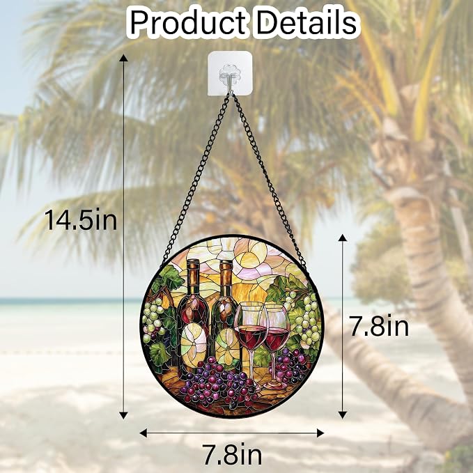 DASTOLL Stained Glass Window Hanging, Grapes and Wine Suncatcher Diamond Glass Panel Hangings Sun Catchers Decor for Birthday for Women, Men, Wife, Aunt, and Mom 7.8 in