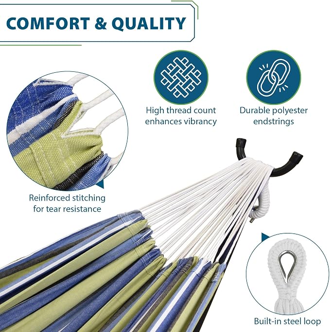 Vivere Double Cotton Hammock with Space Saving Steel Stand, Upgraded Polyester End Strings 450 lb Capacity - Premium Carry Bag Included (Oasis)