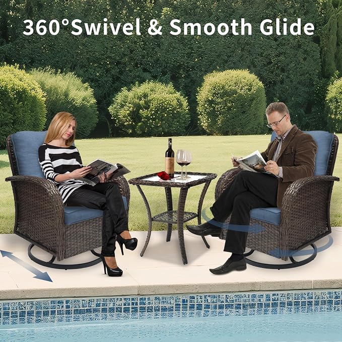 Outdoor Swivel Rocker Patio Chairs 3 Pieces，Swivel Patio Chairs with Cushions，Outdoor Swivel Rocking Chairs Set of 2 with Rattan Side Table，Patio Furniture Set for Outside Porch Deck