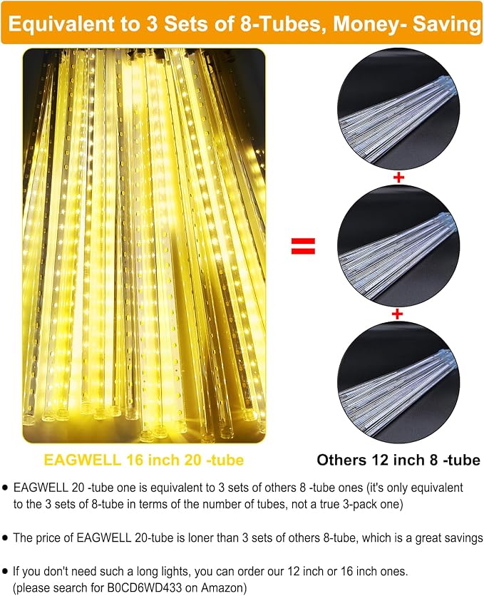 Outdoor Christmas Lights 16 Inch 20 Tubes Meteor Shower, Warm White | Falling Rain Drop Icicle String Lights, Cascading Snow Effect Waterproof Xmas Decor for Tree Wedding Party Garden Holiday