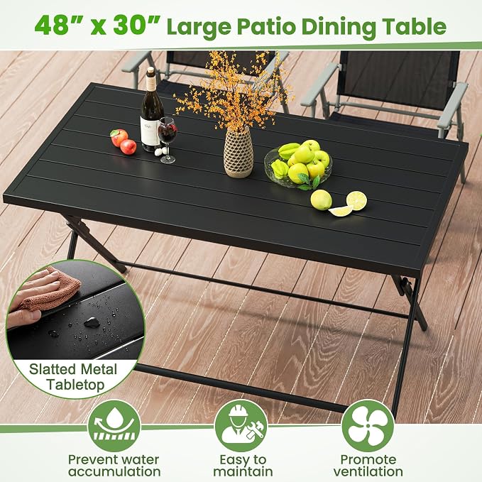 Tangkula 48" Foldable Outdoor Dining Table, Rectangular Metal Patio Table with Slatted Tabletop, Folding Bistro Barbecue Picnic Dinner Table for Indoor Kitchen Outside Garden Backyard Balcony Lawn